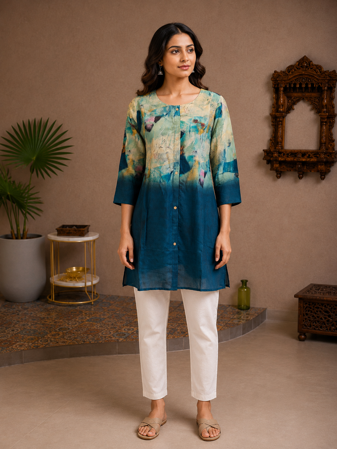 Teal Blue Abstract Print Silk Long Top